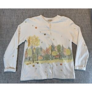 Artisans Wearable Art Cardigan Womens M Trees Landscape‎ Attached Crafted Leaves